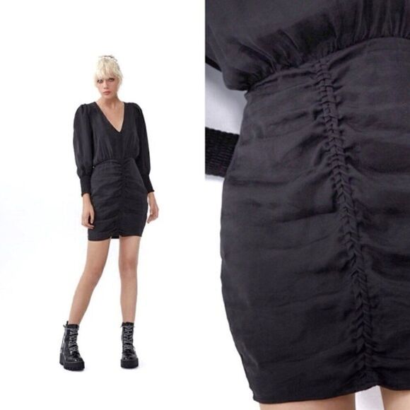 Like New Zara Voluminous Ruching Smocked Balloon Sleeves Side Zipper Black Dress - Picture 5 of 12